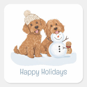Frohe Feiertage Winter Goldendoodle Hund Schneeman Quadratischer Aufkleber