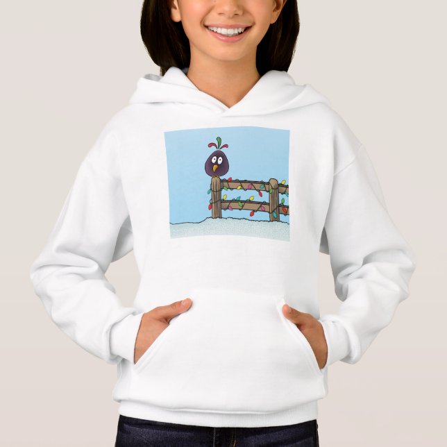 Frohe Festtage Cartoon Bird auf Zaun Hoodie (Vorderseite)
