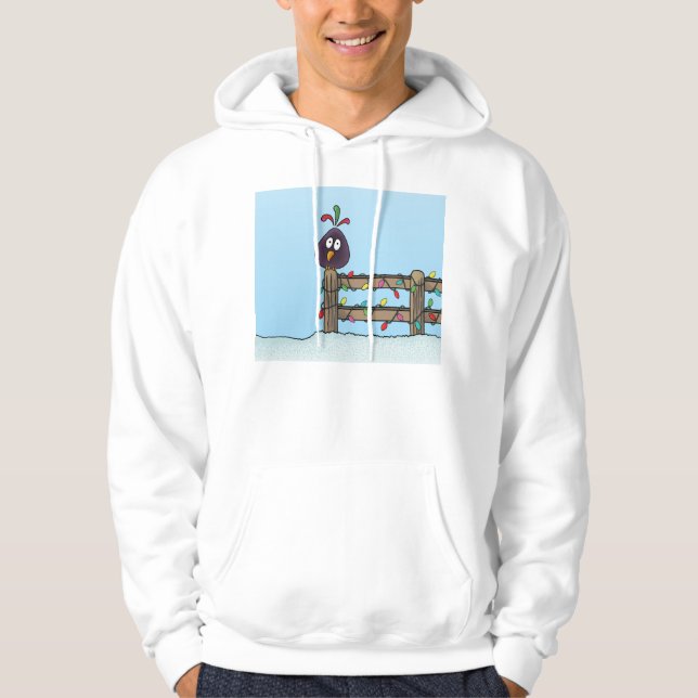 Frohe Festtage Cartoon Bird auf Zaun Hoodie (Vorderseite)