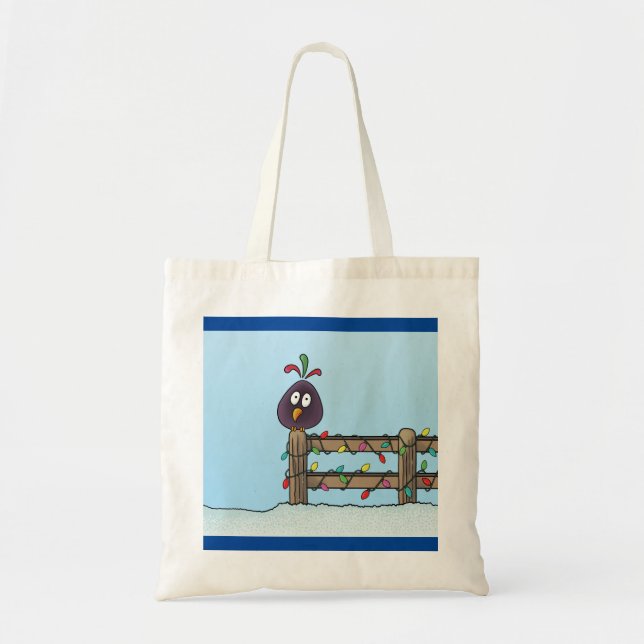 Frohe Festtage Cartoon Bird auf Zaun Tragetasche (Vorne)