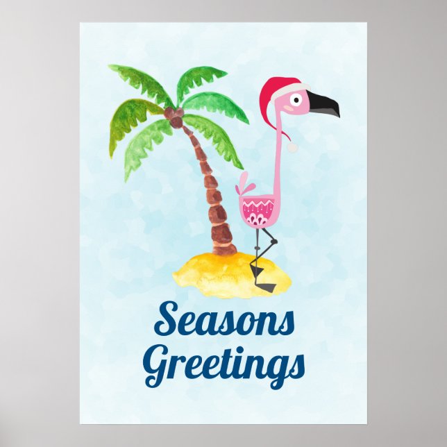 Frohe Festtage Rosa Flamingo in Weihnachtsmannmütz Poster (Vorne)
