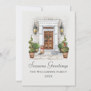 Frohe Festtage Wasserfarbhaus und Hund Feiertagskarte