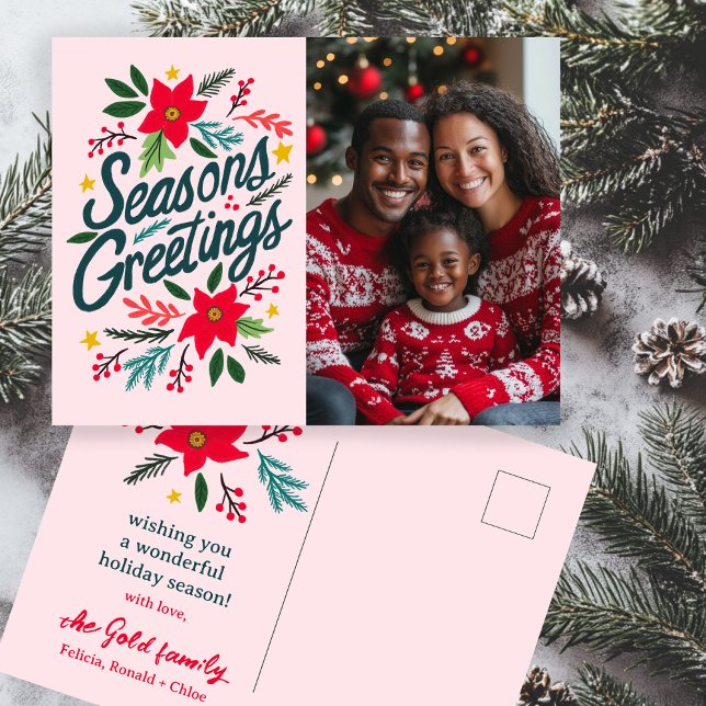 FROHE FESTTAGE Weihnachtsfeiertage CUSTOM FOTO Postkarte (SEASONS GREETINGS Christmas Holidays CUSTOM PHOTO Hand drawn botanicals Postcard
)