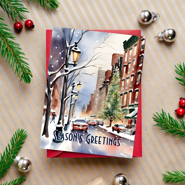 Frohe Festtage Weihnachtsstraße New York Postkarte (Seasons greetings New York snowy winter street modern watercolor postcard Christmas postcard)