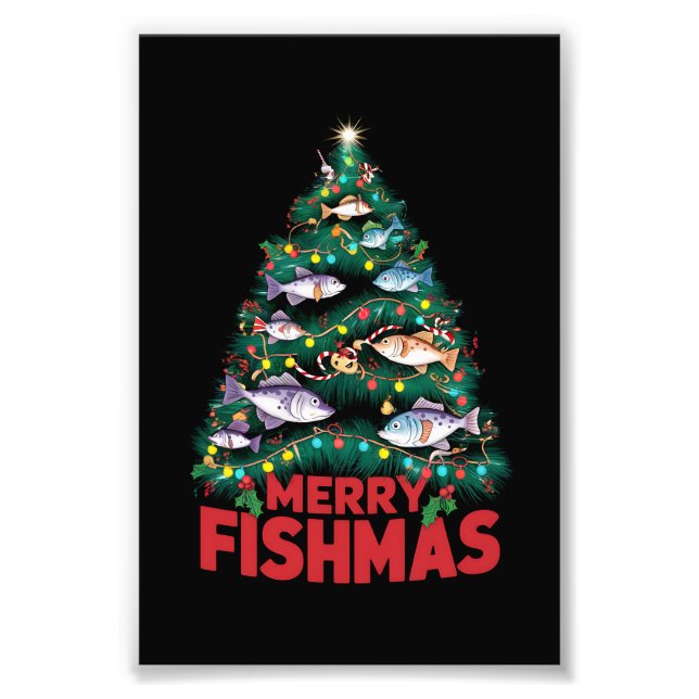Frohe Fishmas Weihnachtsbaum Lights Fish Angeln Fotodruck (Vorne)