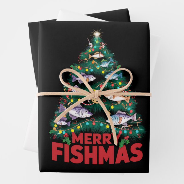 Frohe Fishmas Weihnachtsbaum Lights Fish Angeln Geschenkpapier Set (Beispiel)