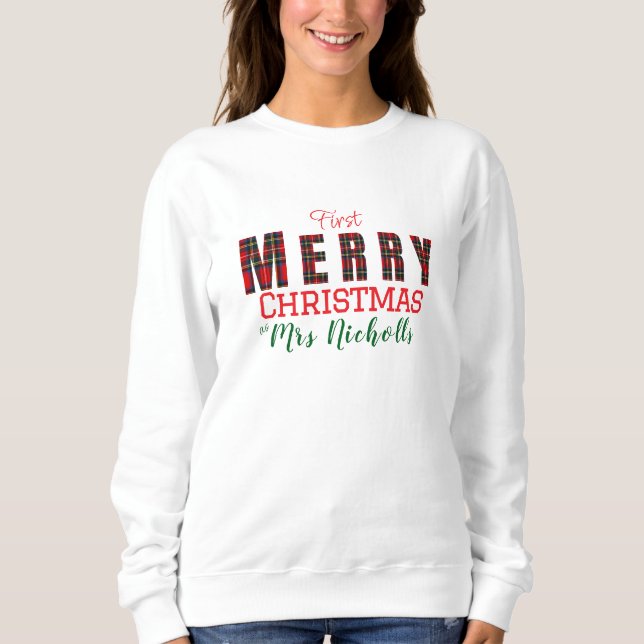 Frohe Frau Royal Stewart Rote 1. Weihnachtskariert Sweatshirt (Vorderseite)