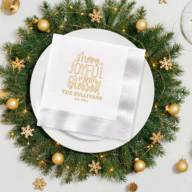 Frohe Freude und gesegneter Familienname | Date Servietten Mit Folie ("Merry, Joyful and Blessed" Family Name and Year Established Typography Stamped Foil Napkins)