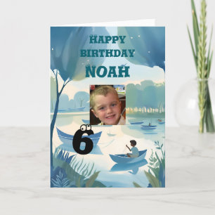 Frohe Geburtstag junger Junge rudert Boote See Far Dankeskarte
