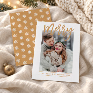Frohe Goldschrift-Foto mit Schneeflocken-Muster au Feiertagskarte