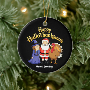 Frohe HalloDankmas Hexe Santa Truthahn Feiertag Keramik Ornament