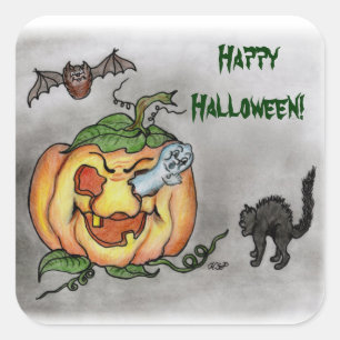 Frohe Halloween! 3 Geist Katze Fledermaus Kürbis Quadratischer Aufkleber