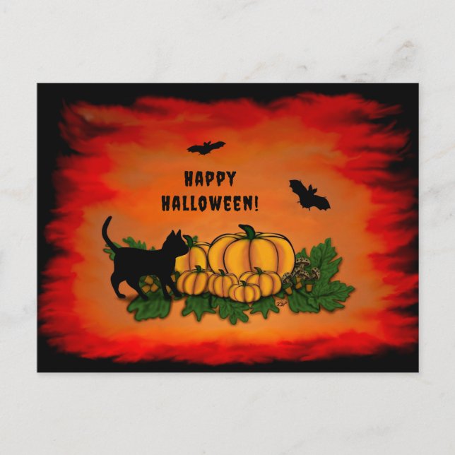 Frohe Halloween , Black Cat , Bat und Pumpkin Postkarte (Vorderseite)