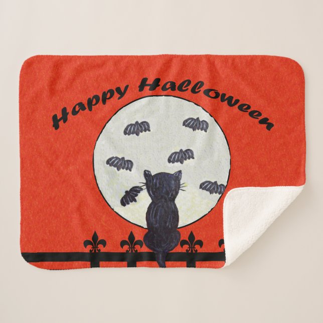 Frohe Halloween Black Cat Fence Moon Fliegender Fl Sherpadecke (Vorderseite (Horizontal))