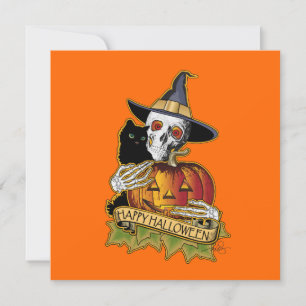 Frohe Halloween Black Cat, Skull and Pumpkin Karte