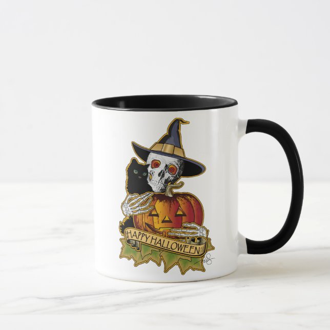 Frohe Halloween Black Cat, Skull and Pumpkin Tasse (Rechts)