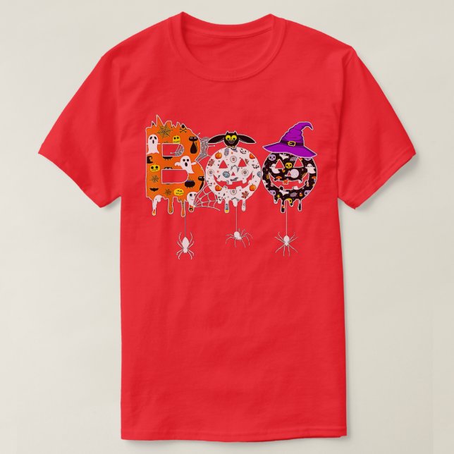 Frohe Halloween-Boospinnen und Hexenhutenhalm T-Shirt (Design vorne)