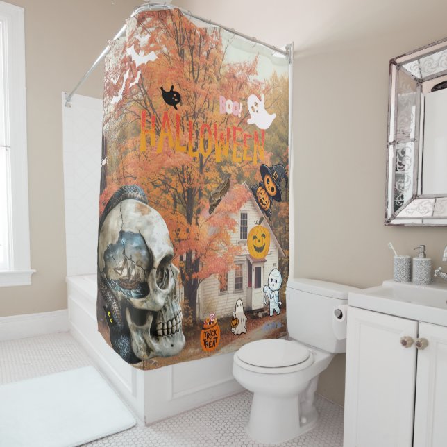 Frohe Halloween Fallen Hütte Schädel mit Schiff Duschvorhang (Beispiel)