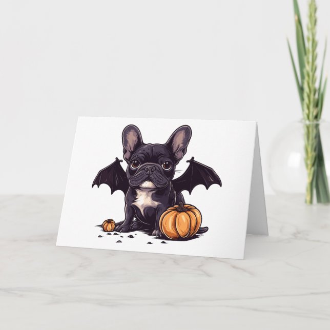 Frohe Halloween French Bulldog Bat Wings Pumpkins Karte (Vorderseite)