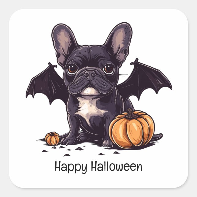 Frohe Halloween French Bulldog Bat Wings Pumpkins Quadratischer Aufkleber (Vorderseite)