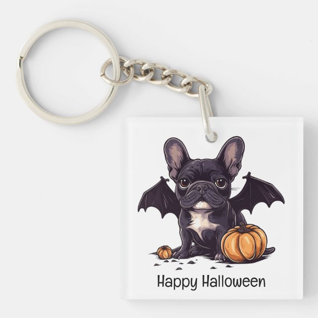 Frohe Halloween French Bulldog Bat Wings Pumpkins Schlüsselanhänger (Vorderseite)