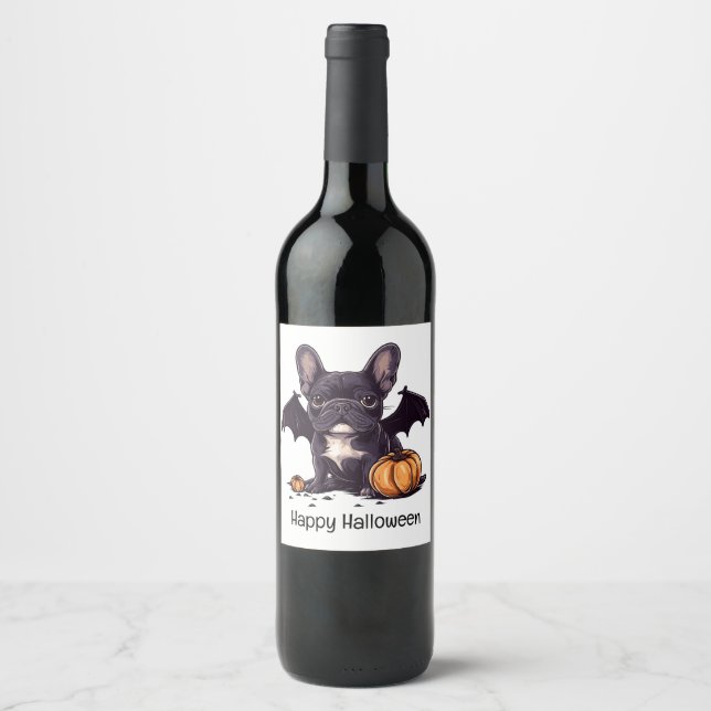 Frohe Halloween French Bulldog Bat Wings Pumpkins Weinetikett (Vorderseite)