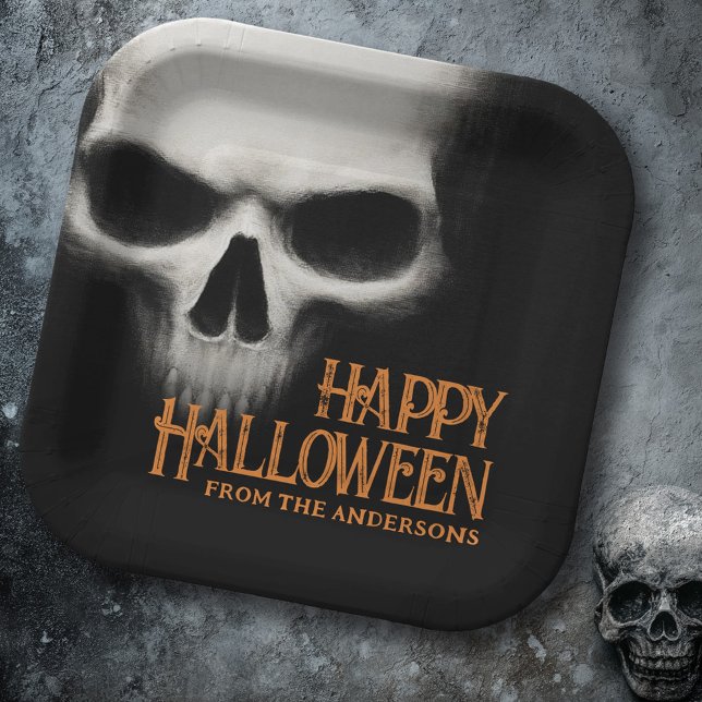 Frohe Halloween-Geistermöwe schwarz-orange Pappteller (Happy Halloween creepy ghost skull black orange Paper Plates)