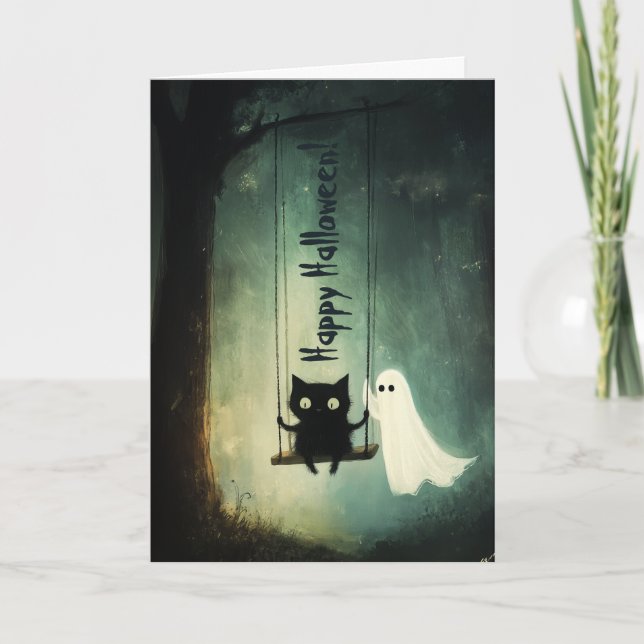 Frohe Halloween Ghost und Katze auf Swing Dankeskarte (Vorderseite)