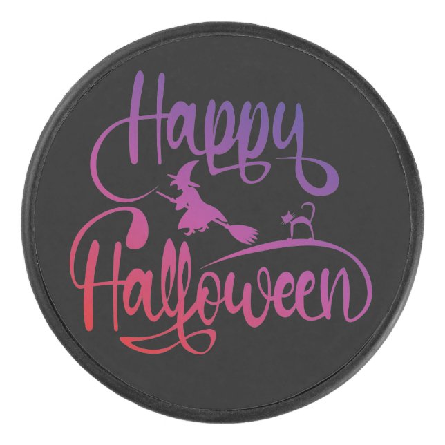 Frohe Halloween-Gradient-Hexenkatze Eishockey Puck (Vorderseite)
