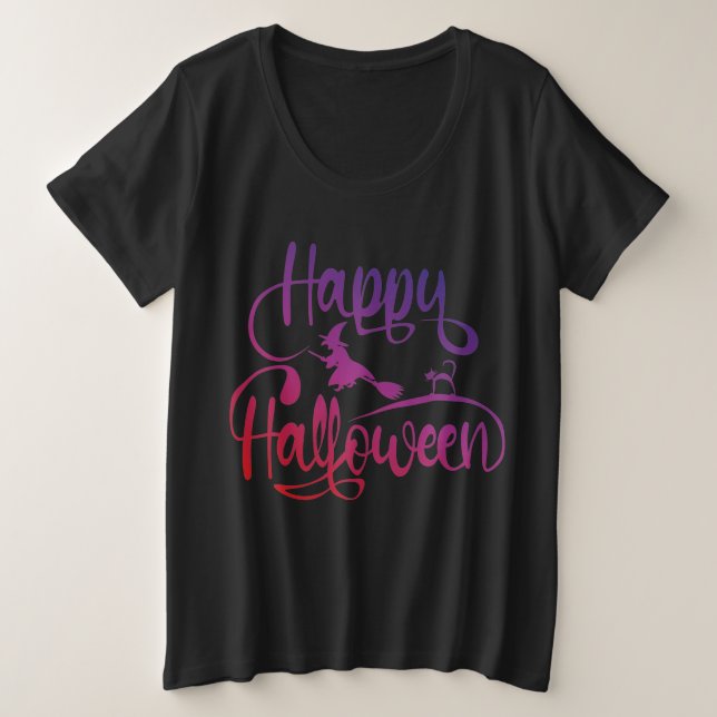 Frohe Halloween-Gradient-Hexenkatze Große Größe T-Shirt (Design vorne)