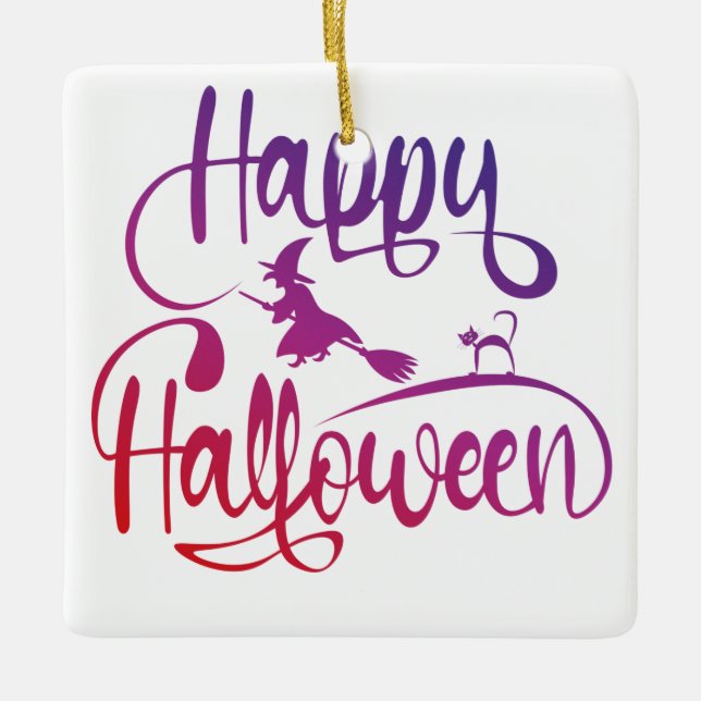 Frohe Halloween-Gradient-Hexenkatze Keramikornament (Vorderseite)