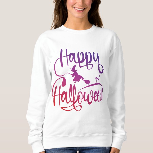 Frohe Halloween-Gradient-Hexenkatze Sweatshirt (Vorderseite)