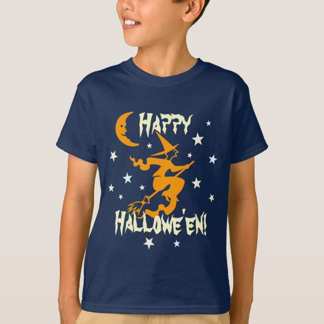 Frohe Halloween Hexe auf Broom Stars Orange Moon T-Shirt (Vorderseite)