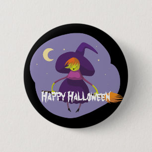 Frohe Halloween Hexe, Broom, Hut Button