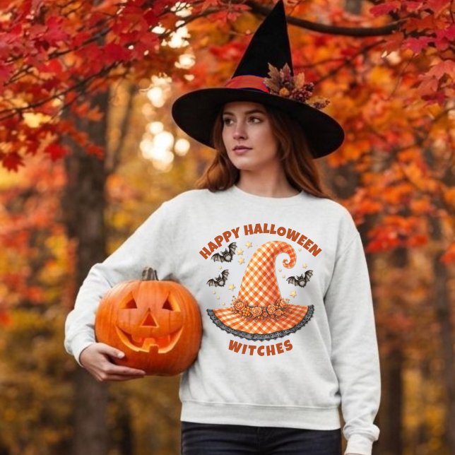 Frohe Halloween Hexen Orange Gingham Hexenhut Sweatshirt (Von Creator hochgeladen)
