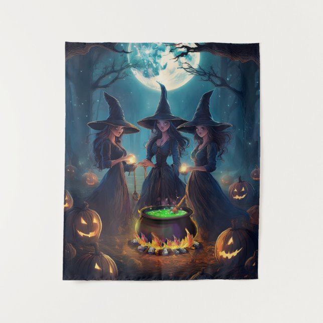Frohe Halloween Hexen unter Vollmond brauen Wandteppich (Vorderseite)