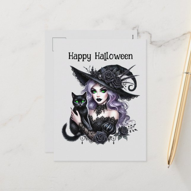 Frohe Halloween-Hexenzeitbücher Feiertagspostkarte (Vorderseite/Rückseite Beispiel)
