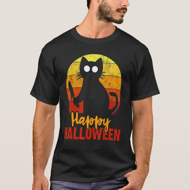 Frohe Halloween Horror Black Cat mit Knife Beängst T-Shirt (Vorderseite)
