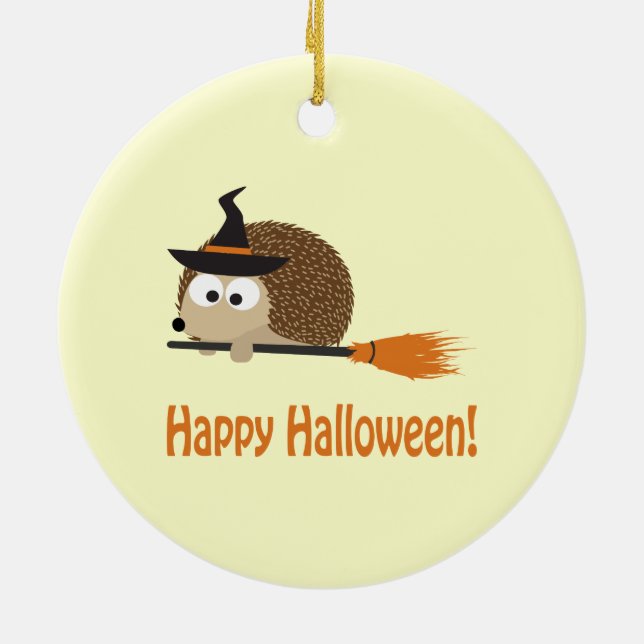 Frohe Halloween! Igel Hexe Keramik Ornament (Hinten)