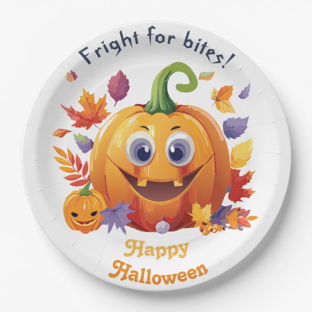 Frohe Halloween Jack-O-Lantern auf Pile von Blätte Pappteller (Vorderseite)