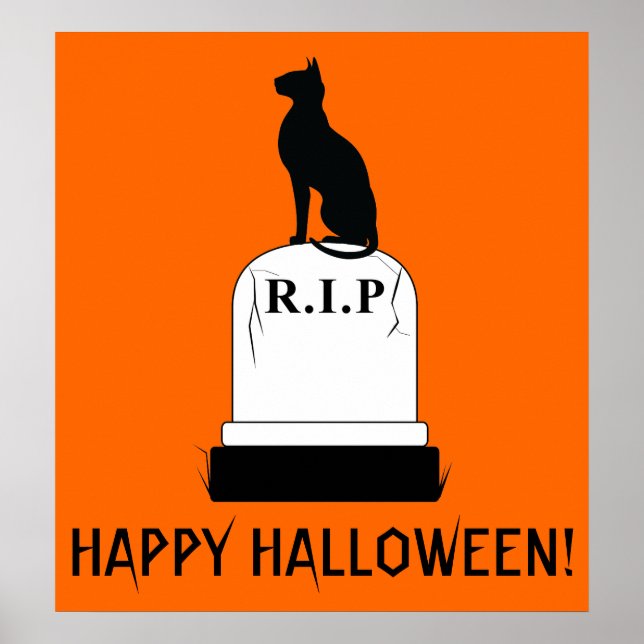 Frohe Halloween Katze auf Grabstein R.I.P. Poster (Vorne)