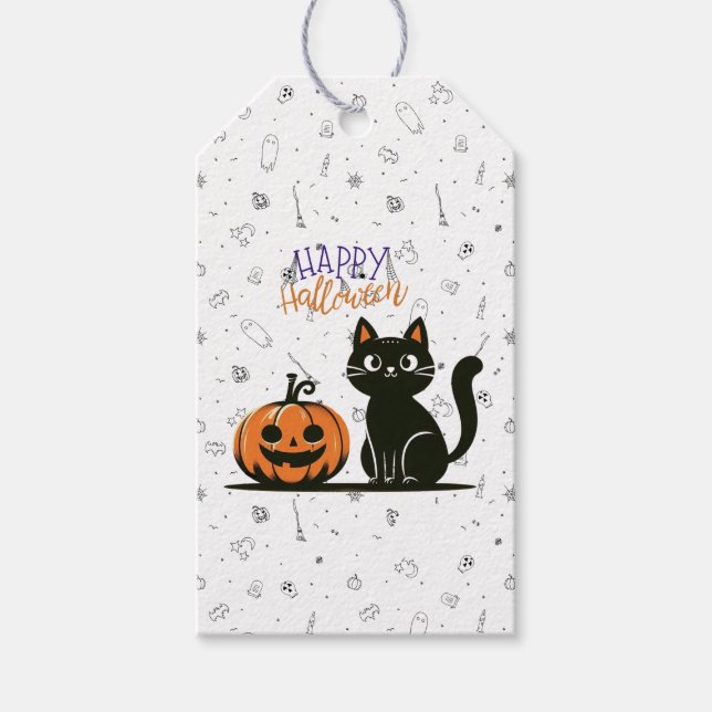 Frohe Halloween-Katze & Kürbis Geschenkanhänger (Vorderseite)
