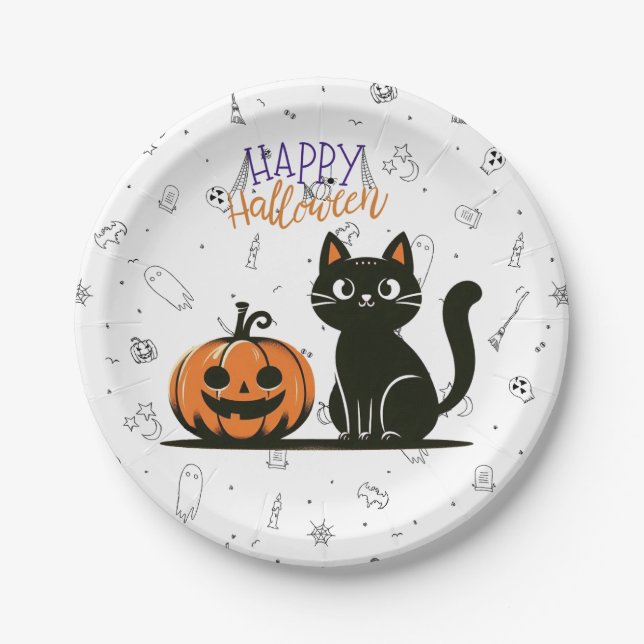 Frohe Halloween-Katze & Kürbis Pappteller (Vorderseite)