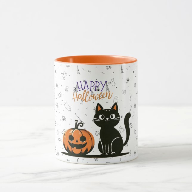 Frohe Halloween-Katze & Kürbis Tasse (Zentrum)