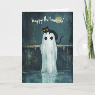 Frohe Halloween Katze und Geist in einem Pool Dankeskarte
