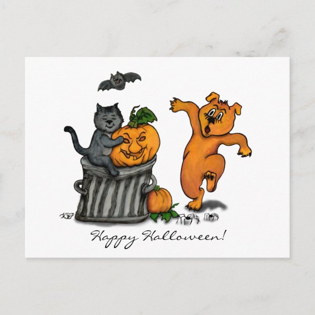 Frohe Halloween! Katzen-Hund und Spider Postkarte (Vorderseite)