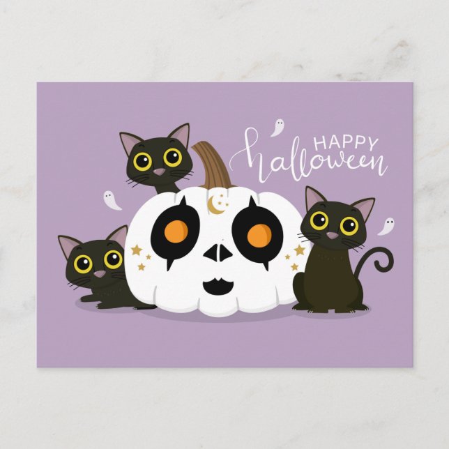 Frohe Halloween keltische Kürbis und Schwarze Katz Postkarte (Vorderseite)