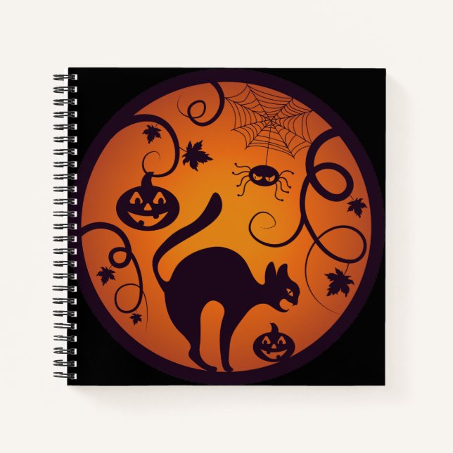 Frohe Halloween Laternenschwarze Katzen Spinnen un Notizbuch (Vorderseite)