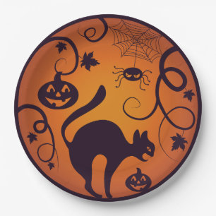 Frohe Halloween Laternenschwarze Katzen Spinnen un Pappteller