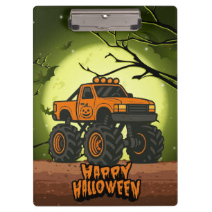 Frohe Halloween Monster Truck mit Fledermäusen und Klemmbrett